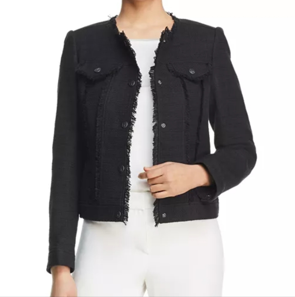 Karl Lagerfeld Paris Frayed Tweed Black Snap Front Jacket